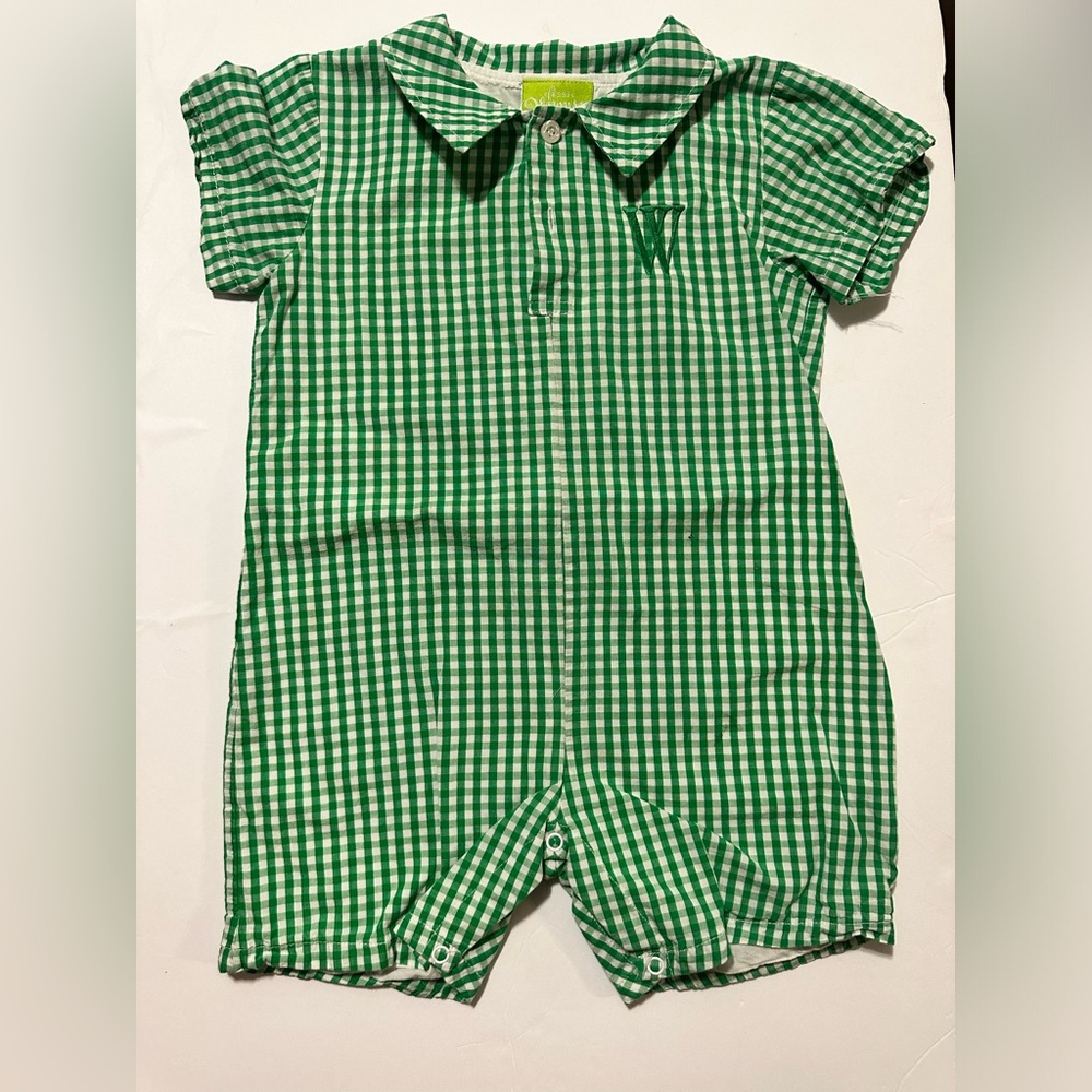 3T Classic Whimsy Green Gigham Monogrammed “W” Polo Romper